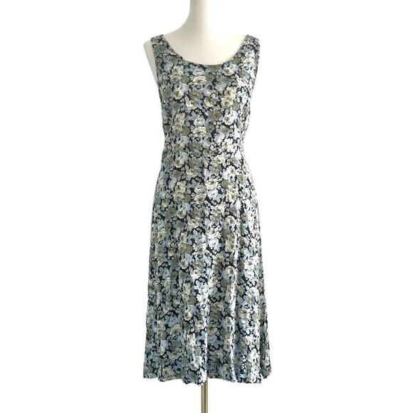Vintage All That Jazz Black Blue Floral Lace-Up A-Line Flowy Midi Dress Womens M - Picture 2 of 5